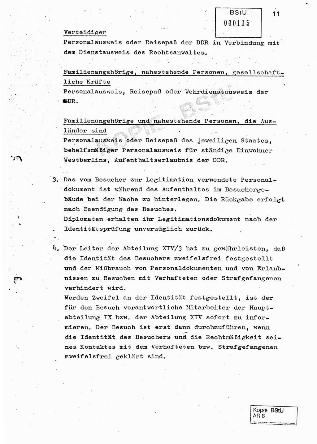 Ordnung zur Oranisierung, Durchführung und Kontrolle des Besucherverkehrs in der Untersuchungshaftanstalt des MfS, Berlin-Lichtenberg, Magdalenenstraße - Besucherordnung - [Ministerium für Staatssicherheit (MfS), Deutsche Demokratische Republik (DDR)] Hauptabteilung (HA) Ⅸ, Abteilung (Abt.) ⅩⅣ, Berlin 1982, Seite 11 (Bes.-Ordn. MfS DDR HA Ⅸ Abt. ⅩⅣ /82 1982, S. 11)