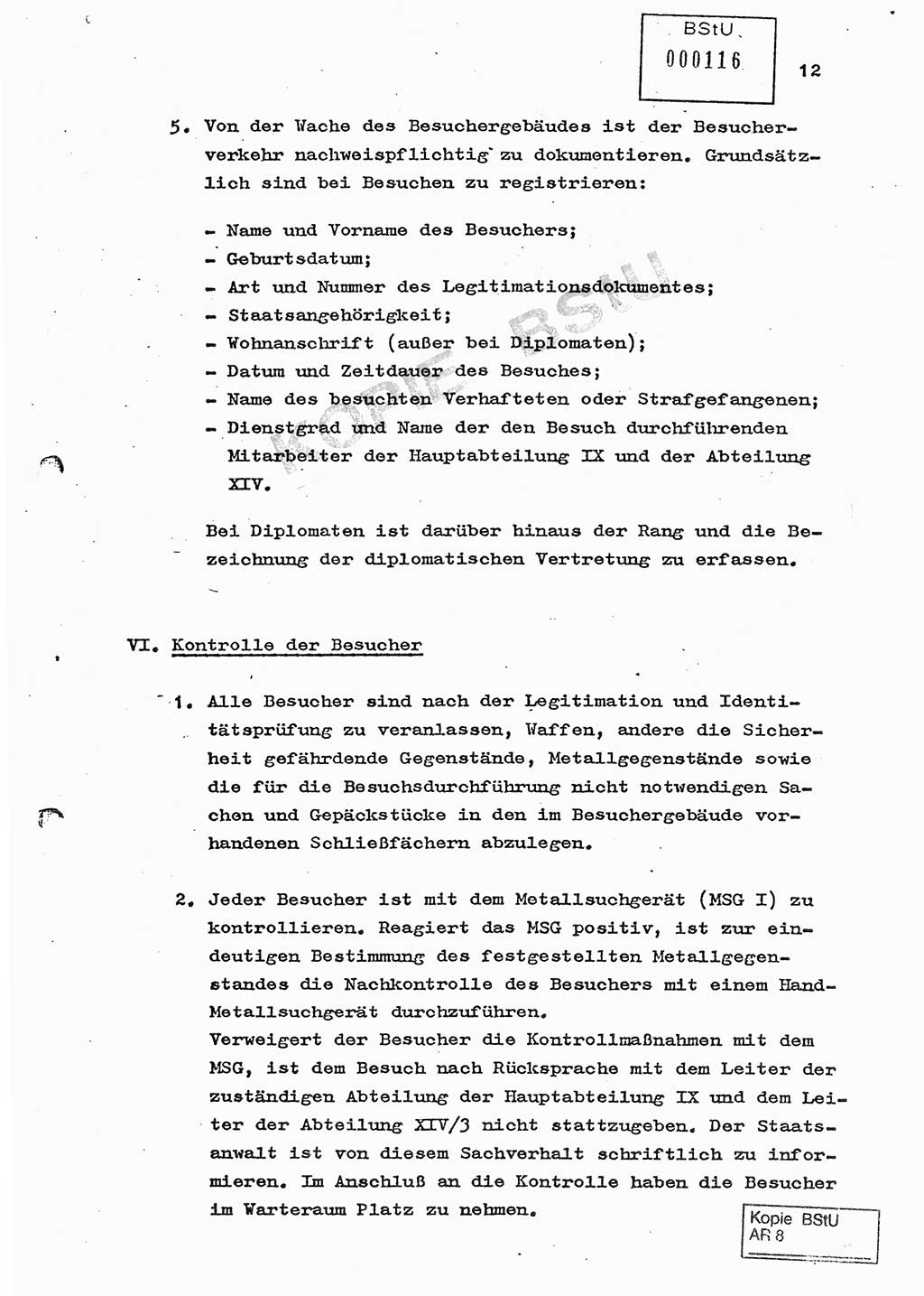 Ordnung zur Oranisierung, Durchführung und Kontrolle des Besucherverkehrs in der Untersuchungshaftanstalt des MfS, Berlin-Lichtenberg, Magdalenenstraße - Besucherordnung - [Ministerium für Staatssicherheit (MfS), Deutsche Demokratische Republik (DDR)] Hauptabteilung (HA) Ⅸ, Abteilung (Abt.) ⅩⅣ, Berlin 1982, Seite 12 (Bes.-Ordn. MfS DDR HA Ⅸ Abt. ⅩⅣ /82 1982, S. 12)