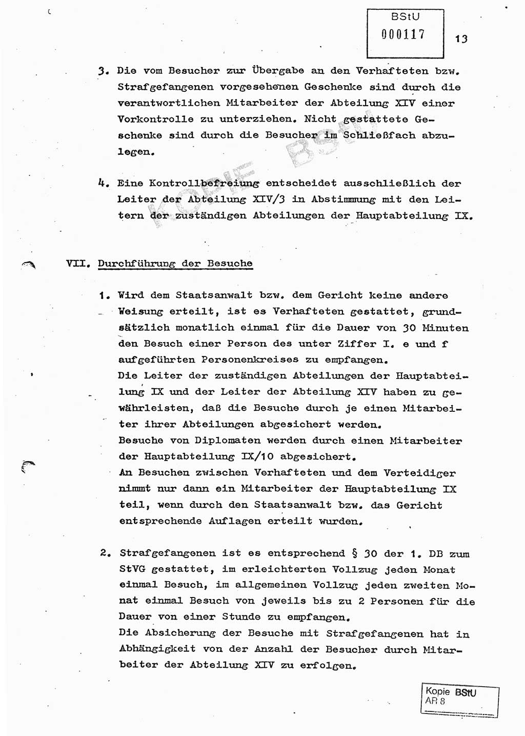 Ordnung zur Oranisierung, Durchführung und Kontrolle des Besucherverkehrs in der Untersuchungshaftanstalt des MfS, Berlin-Lichtenberg, Magdalenenstraße - Besucherordnung - [Ministerium für Staatssicherheit (MfS), Deutsche Demokratische Republik (DDR)] Hauptabteilung (HA) Ⅸ, Abteilung (Abt.) ⅩⅣ, Berlin 1982, Seite 13 (Bes.-Ordn. MfS DDR HA Ⅸ Abt. ⅩⅣ /82 1982, S. 13)