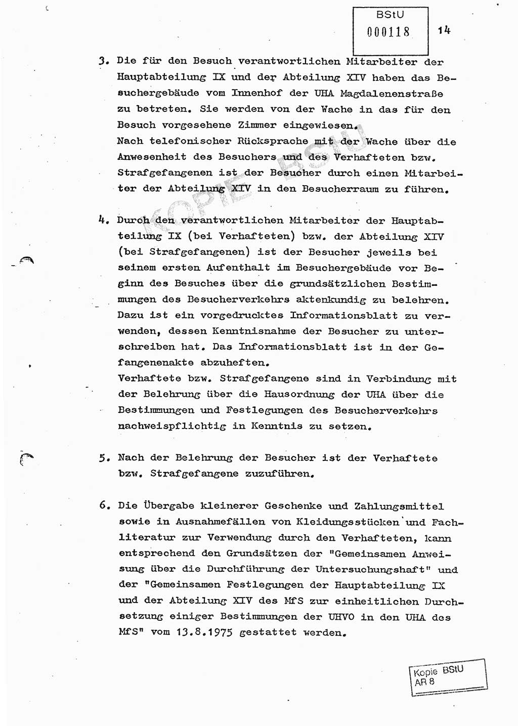 Ordnung zur Oranisierung, Durchführung und Kontrolle des Besucherverkehrs in der Untersuchungshaftanstalt des MfS, Berlin-Lichtenberg, Magdalenenstraße - Besucherordnung - [Ministerium für Staatssicherheit (MfS), Deutsche Demokratische Republik (DDR)] Hauptabteilung (HA) Ⅸ, Abteilung (Abt.) ⅩⅣ, Berlin 1982, Seite 14 (Bes.-Ordn. MfS DDR HA Ⅸ Abt. ⅩⅣ /82 1982, S. 14)