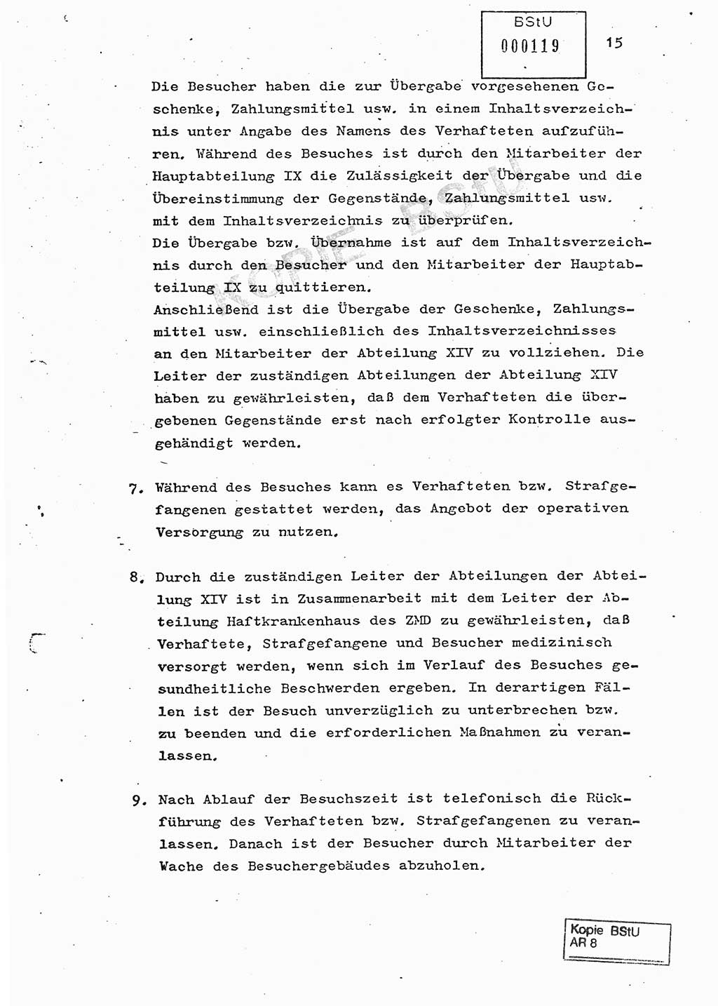 Ordnung zur Oranisierung, DurchfÃ¼hrung und Kontrolle des Besucherverkehrs in der Untersuchungshaftanstalt des MfS, Berlin-Lichtenberg, MagdalenenstraÃŸe - Besucherordnung - [Ministerium fÃ¼r Staatssicherheit (MfS), Deutsche Demokratische Republik (DDR)] Hauptabteilung (HA) â…¨, Abteilung (Abt.) â…©â…£, Berlin 1982, Seite 15 (Bes.-Ordn. MfS DDR HA â…¨ Abt. â…©â…£ /82 1982, S. 15)