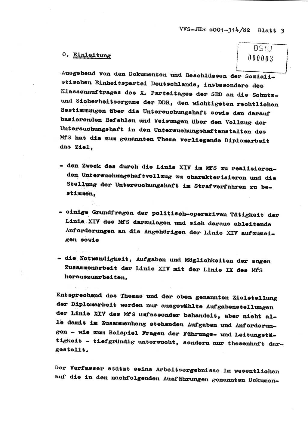 Diplomarbeit Hauptmann Wolfgang Schröder (Abt. ⅩⅣ), Ministerium für Staatssicherheit (MfS) [Deutsche Demokratische Republik (DDR)], Juristische Hochschule (JHS), Vertrauliche Verschlußsache (VVS) o001-314/82, Potsdam 1982, Seite 3 (Dipl.-Arb. MfS DDR JHS VVS o001-314/82 1982, S. 3)