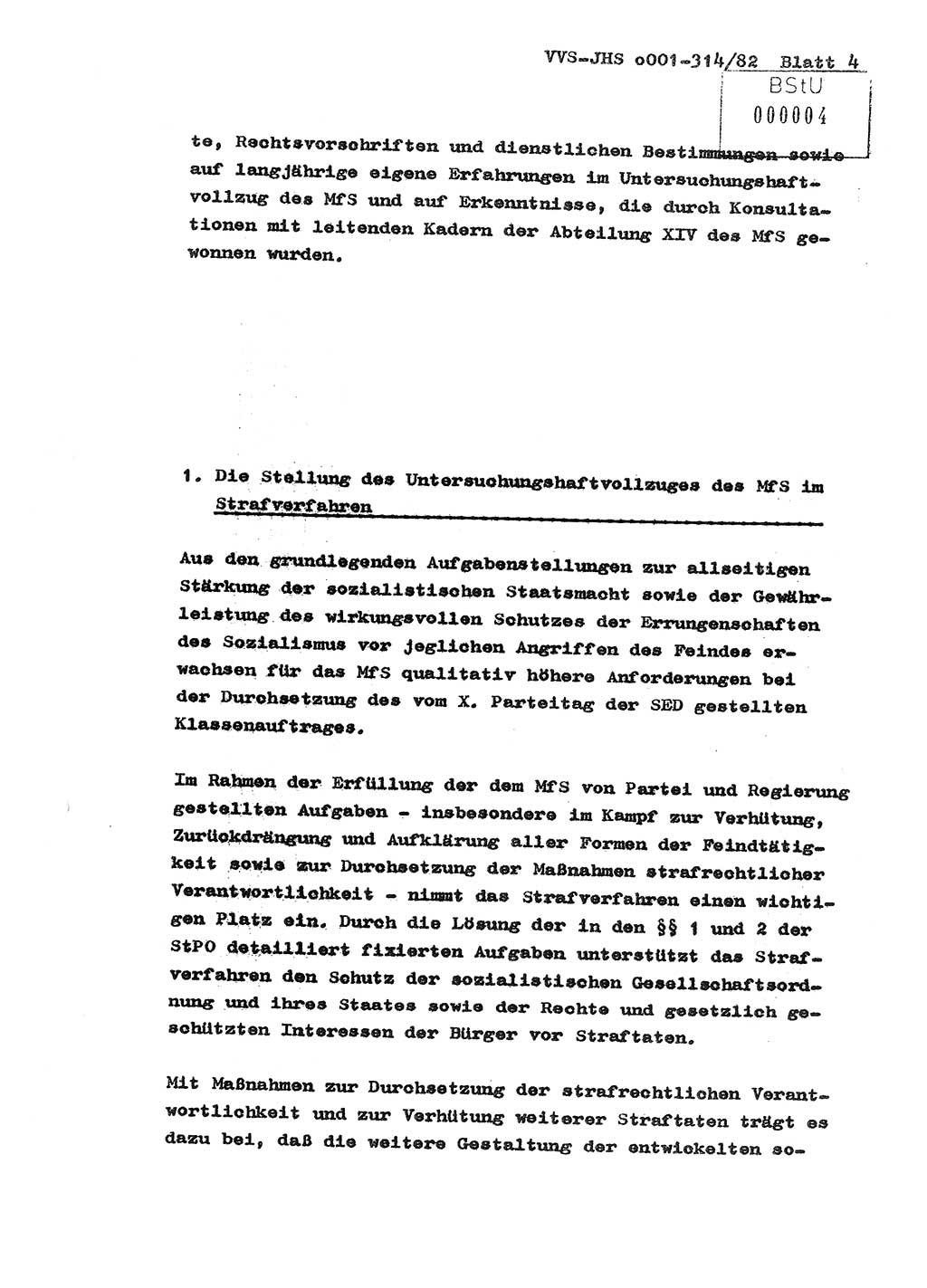 Diplomarbeit Hauptmann Wolfgang Schröder (Abt. ⅩⅣ), Ministerium für Staatssicherheit (MfS) [Deutsche Demokratische Republik (DDR)], Juristische Hochschule (JHS), Vertrauliche Verschlußsache (VVS) o001-314/82, Potsdam 1982, Seite 4 (Dipl.-Arb. MfS DDR JHS VVS o001-314/82 1982, S. 4)