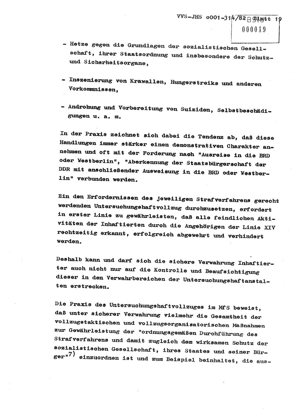 Diplomarbeit Hauptmann Wolfgang Schröder (Abt. ⅩⅣ), Ministerium für Staatssicherheit (MfS) [Deutsche Demokratische Republik (DDR)], Juristische Hochschule (JHS), Vertrauliche Verschlußsache (VVS) o001-314/82, Potsdam 1982, Seite 19 (Dipl.-Arb. MfS DDR JHS VVS o001-314/82 1982, S. 19)