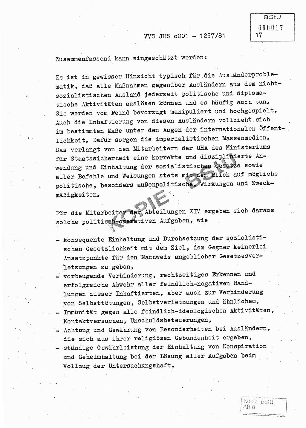 Fachschulabschlußarbeit Unterleutnant Dieter Möller (BV Rst. Abt. ⅩⅣ), Ministerium für Staatssicherheit (MfS) [Deutsche Demokratische Republik (DDR)], Juristische Hochschule (JHS), Vertrauliche Verschlußsache (VVS) o001-1257/81, Potsdam 1982, Seite 17 (FS-Abschl.-Arb. MfS DDR JHS VVS o001-1257/81 1982, S. 17)