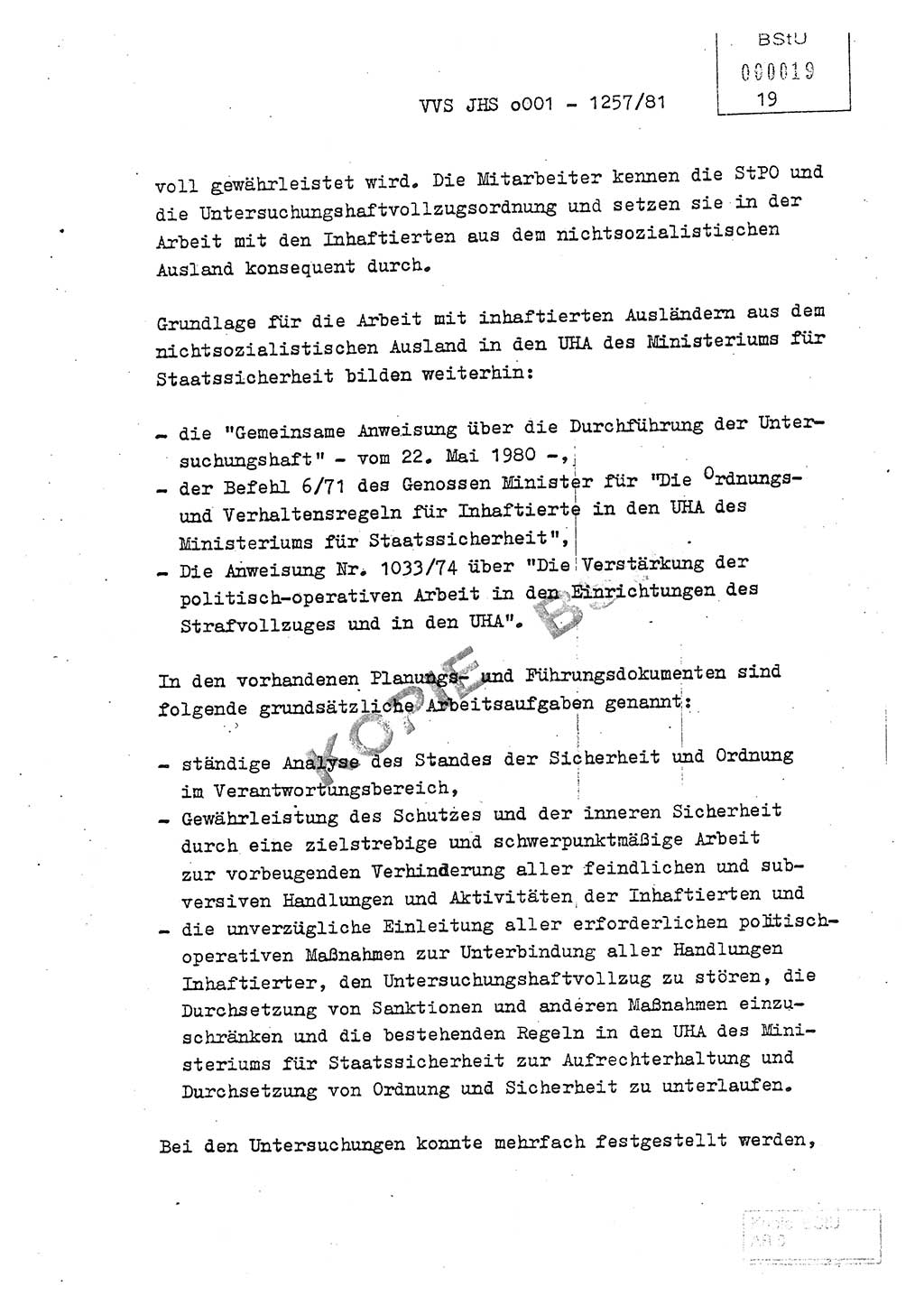 Fachschulabschlußarbeit Unterleutnant Dieter Möller (BV Rst. Abt. ⅩⅣ), Ministerium für Staatssicherheit (MfS) [Deutsche Demokratische Republik (DDR)], Juristische Hochschule (JHS), Vertrauliche Verschlußsache (VVS) o001-1257/81, Potsdam 1982, Seite 19 (FS-Abschl.-Arb. MfS DDR JHS VVS o001-1257/81 1982, S. 19)