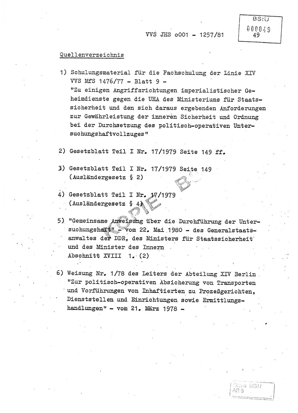 Fachschulabschlußarbeit Unterleutnant Dieter Möller (BV Rst. Abt. ⅩⅣ), Ministerium für Staatssicherheit (MfS) [Deutsche Demokratische Republik (DDR)], Juristische Hochschule (JHS), Vertrauliche Verschlußsache (VVS) o001-1257/81, Potsdam 1982, Seite 49 (FS-Abschl.-Arb. MfS DDR JHS VVS o001-1257/81 1982, S. 49)