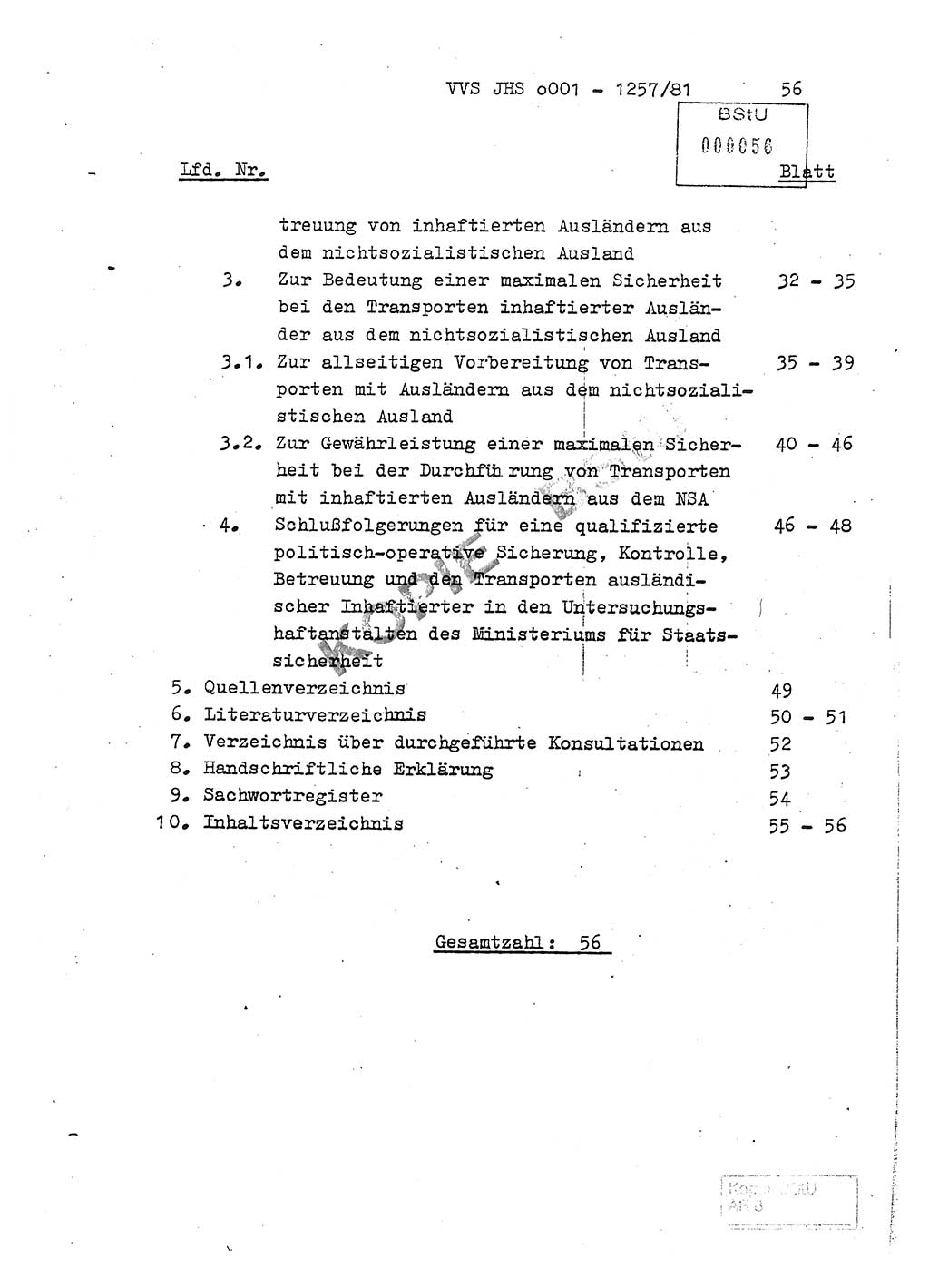 Fachschulabschlußarbeit Unterleutnant Dieter Möller (BV Rst. Abt. ⅩⅣ), Ministerium für Staatssicherheit (MfS) [Deutsche Demokratische Republik (DDR)], Juristische Hochschule (JHS), Vertrauliche Verschlußsache (VVS) o001-1257/81, Potsdam 1982, Seite 56 (FS-Abschl.-Arb. MfS DDR JHS VVS o001-1257/81 1982, S. 56)