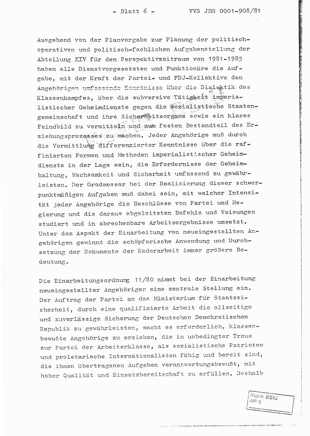 Fachschulabschlußarbeit Oberleutnant Wolfgang Wittmann (Abt. ⅩⅣ), Ministerium für Staatssicherheit (MfS) [Deutsche Demokratische Republik (DDR)], Juristische Hochschule (JHS), Vertrauliche Verschlußsache (VVS) o001-908/82, Potsdam 1982, Blatt 6 (FS-Abschl.-Arb. MfS DDR JHS VVS o001-908/82 1982, Bl. 6)