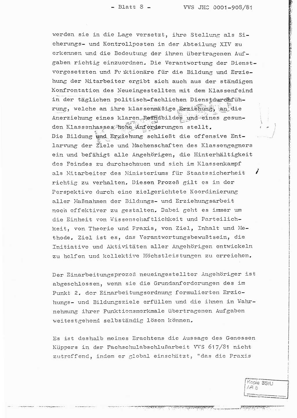 Fachschulabschlußarbeit Oberleutnant Wolfgang Wittmann (Abt. ⅩⅣ), Ministerium für Staatssicherheit (MfS) [Deutsche Demokratische Republik (DDR)], Juristische Hochschule (JHS), Vertrauliche Verschlußsache (VVS) o001-908/82, Potsdam 1982, Blatt 8 (FS-Abschl.-Arb. MfS DDR JHS VVS o001-908/82 1982, Bl. 8)