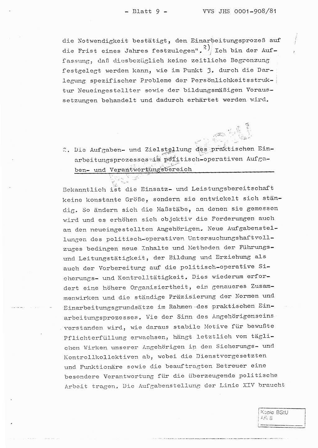 Fachschulabschlußarbeit Oberleutnant Wolfgang Wittmann (Abt. ⅩⅣ), Ministerium für Staatssicherheit (MfS) [Deutsche Demokratische Republik (DDR)], Juristische Hochschule (JHS), Vertrauliche Verschlußsache (VVS) o001-908/82, Potsdam 1982, Blatt 9 (FS-Abschl.-Arb. MfS DDR JHS VVS o001-908/82 1982, Bl. 9)