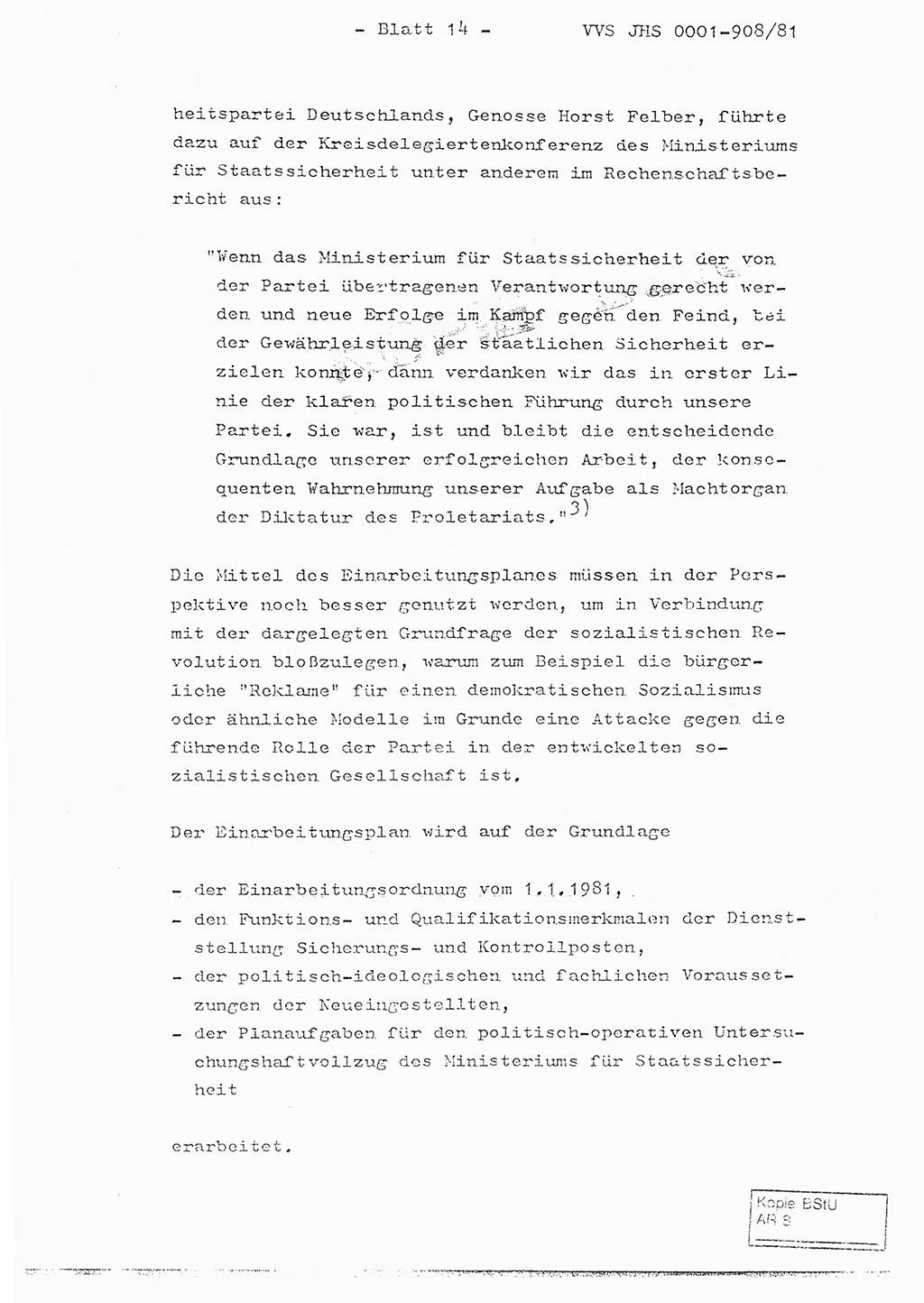 Fachschulabschlußarbeit Oberleutnant Wolfgang Wittmann (Abt. ⅩⅣ), Ministerium für Staatssicherheit (MfS) [Deutsche Demokratische Republik (DDR)], Juristische Hochschule (JHS), Vertrauliche Verschlußsache (VVS) o001-908/82, Potsdam 1982, Blatt 14 (FS-Abschl.-Arb. MfS DDR JHS VVS o001-908/82 1982, Bl. 14)