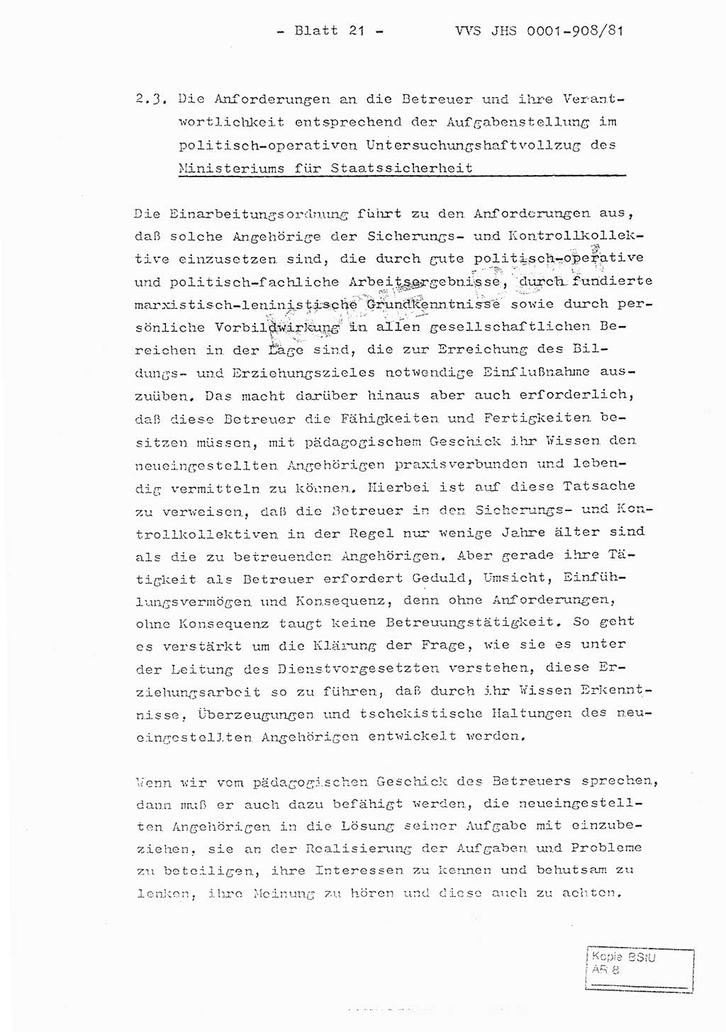 Fachschulabschlußarbeit Oberleutnant Wolfgang Wittmann (Abt. ⅩⅣ), Ministerium für Staatssicherheit (MfS) [Deutsche Demokratische Republik (DDR)], Juristische Hochschule (JHS), Vertrauliche Verschlußsache (VVS) o001-908/82, Potsdam 1982, Blatt 21 (FS-Abschl.-Arb. MfS DDR JHS VVS o001-908/82 1982, Bl. 21)