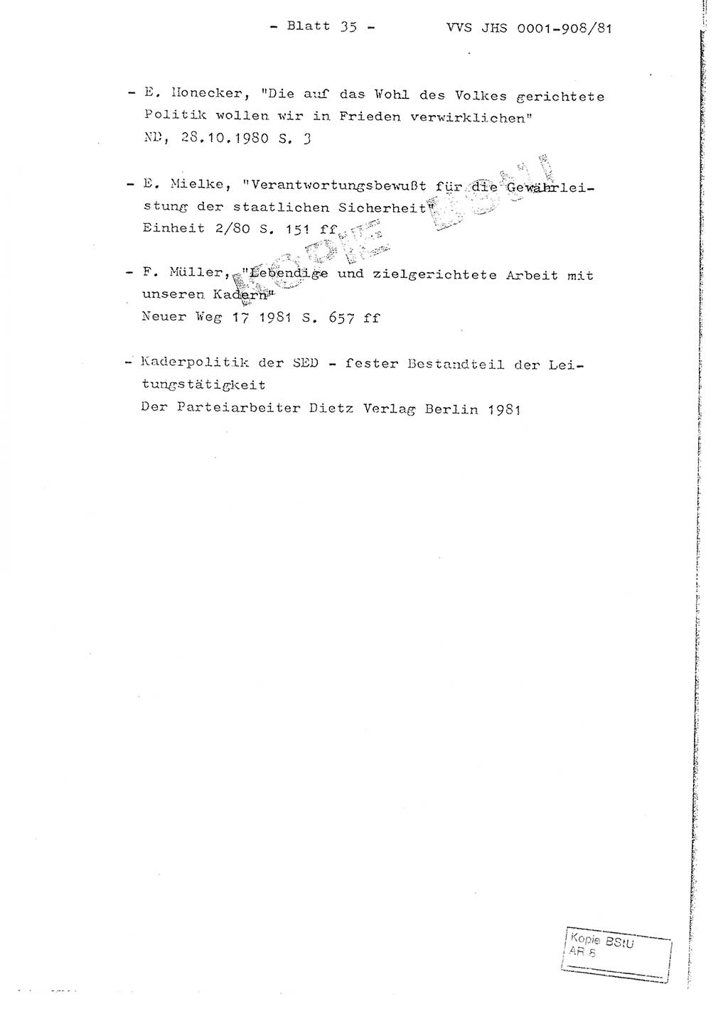 Fachschulabschlußarbeit Oberleutnant Wolfgang Wittmann (Abt. ⅩⅣ), Ministerium für Staatssicherheit (MfS) [Deutsche Demokratische Republik (DDR)], Juristische Hochschule (JHS), Vertrauliche Verschlußsache (VVS) o001-908/82, Potsdam 1982, Blatt 35 (FS-Abschl.-Arb. MfS DDR JHS VVS o001-908/82 1982, Bl. 35)