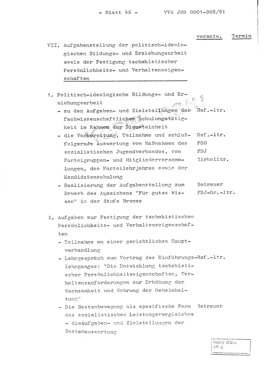 Fachschulabschlußarbeit Oberleutnant Wolfgang Wittmann (Abt. ⅩⅣ), Ministerium für Staatssicherheit (MfS) [Deutsche Demokratische Republik (DDR)], Juristische Hochschule (JHS), Vertrauliche Verschlußsache (VVS) o001-908/82, Potsdam 1982, Blatt 46 (FS-Abschl.-Arb. MfS DDR JHS VVS o001-908/82 1982, Bl. 46)