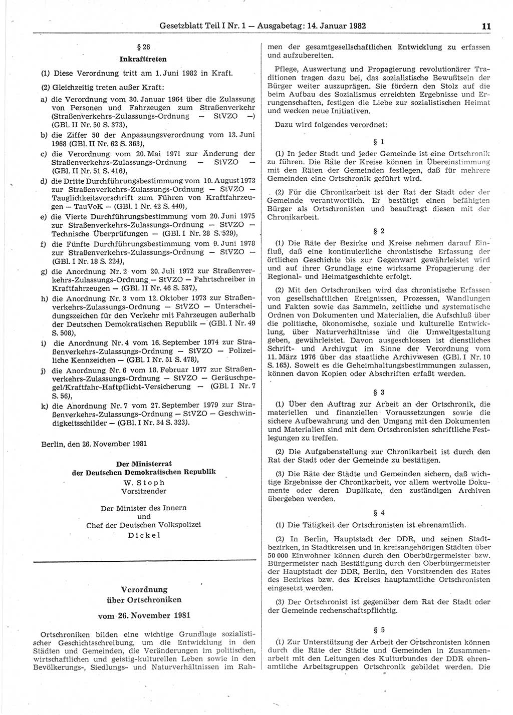 Gesetzblatt (GBl.) der Deutschen Demokratischen Republik (DDR) Teil Ⅰ 1982, Seite 11 (GBl. DDR Ⅰ 1982, S. 11)