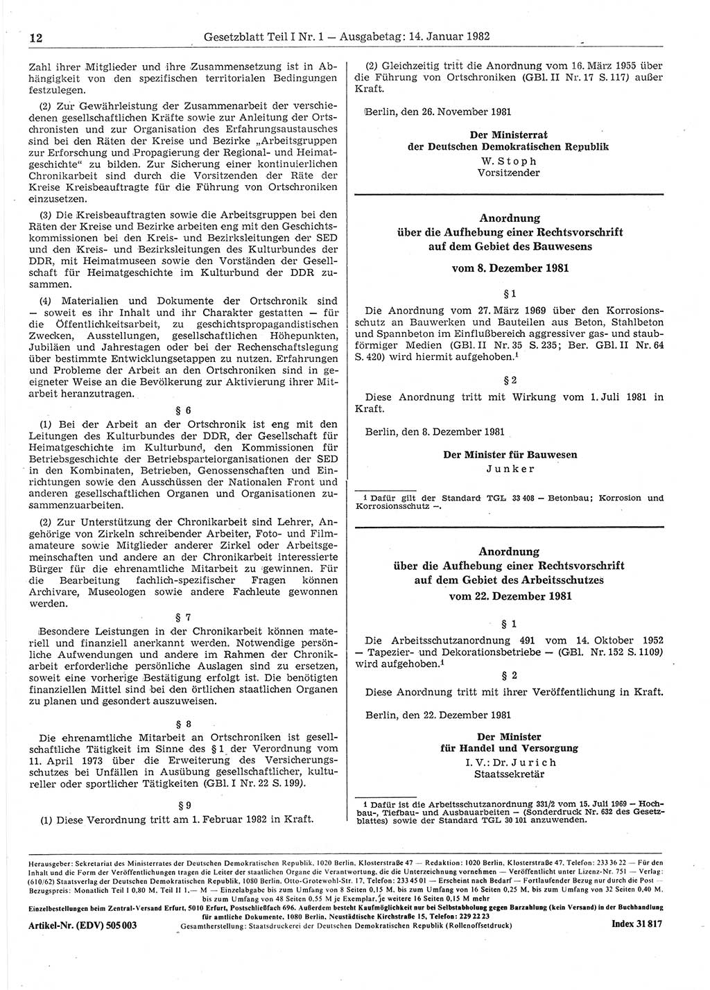 Gesetzblatt (GBl.) der Deutschen Demokratischen Republik (DDR) Teil Ⅰ 1982, Seite 12 (GBl. DDR Ⅰ 1982, S. 12)