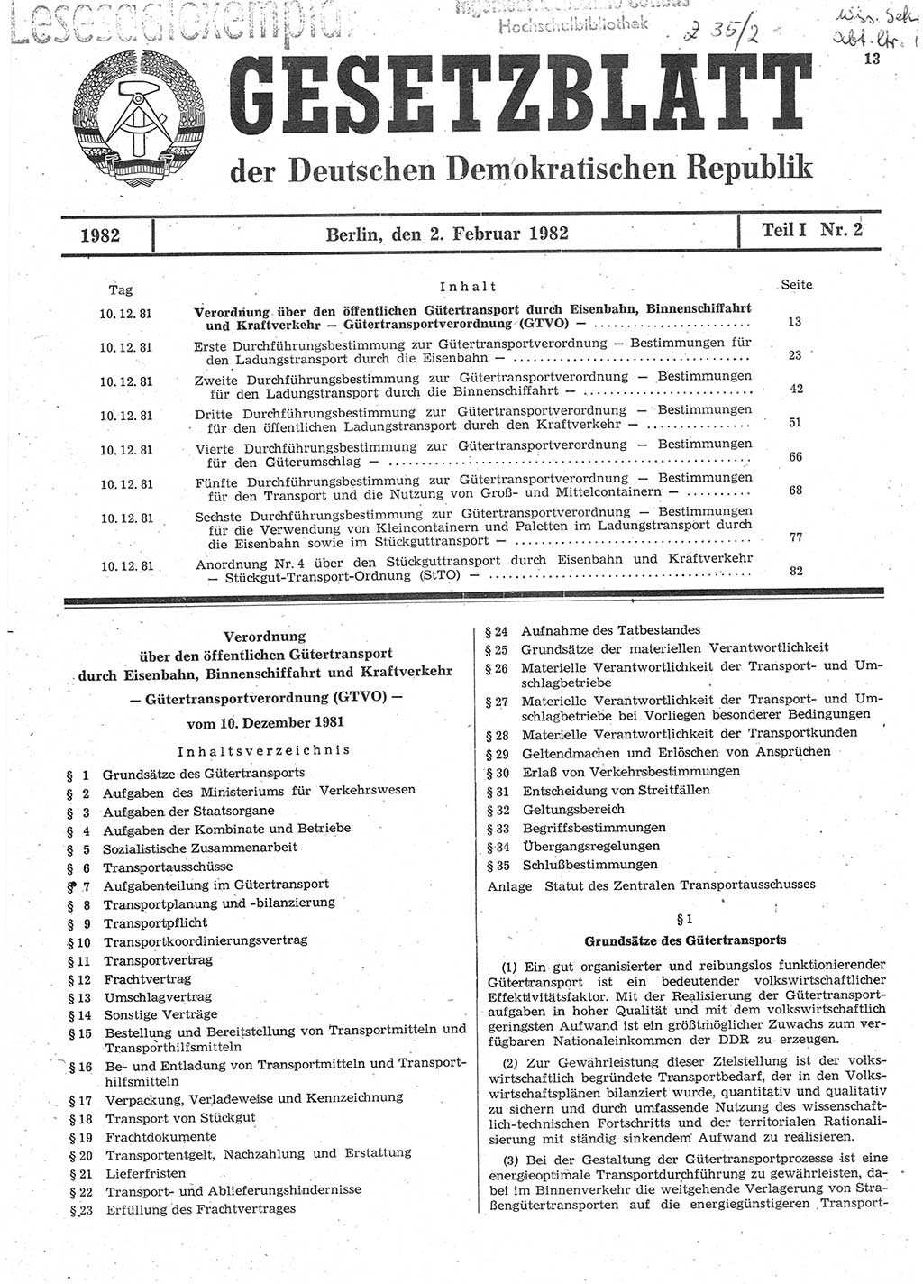 Gesetzblatt (GBl.) der Deutschen Demokratischen Republik (DDR) Teil Ⅰ 1982, Seite 13 (GBl. DDR Ⅰ 1982, S. 13)
