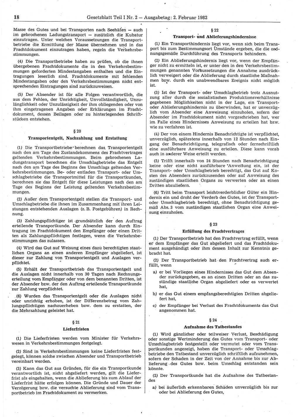 Gesetzblatt (GBl.) der Deutschen Demokratischen Republik (DDR) Teil Ⅰ 1982, Seite 18 (GBl. DDR Ⅰ 1982, S. 18)
