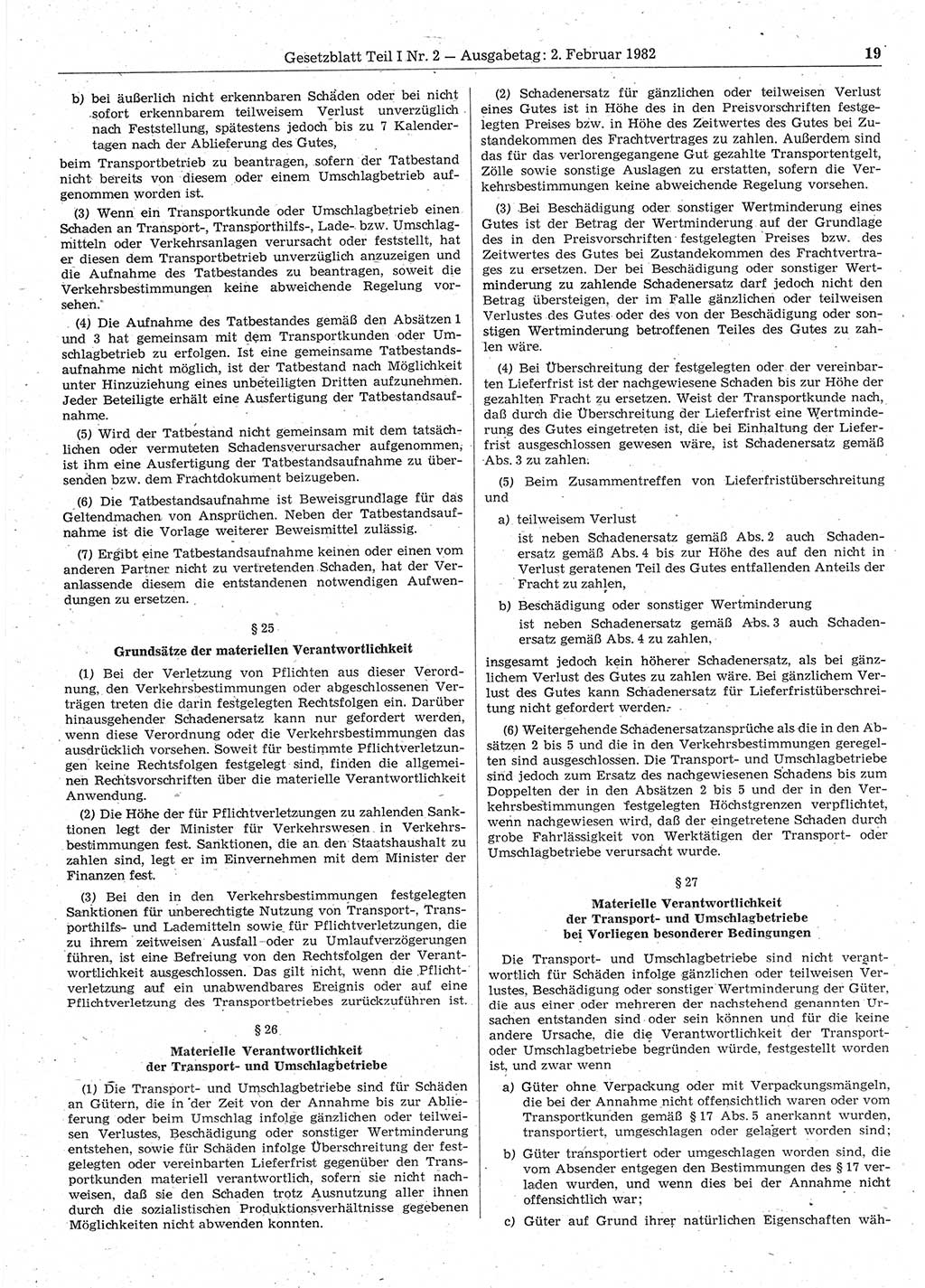 Gesetzblatt (GBl.) der Deutschen Demokratischen Republik (DDR) Teil Ⅰ 1982, Seite 19 (GBl. DDR Ⅰ 1982, S. 19)