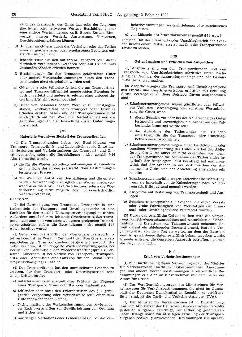 Gesetzblatt (GBl.) der Deutschen Demokratischen Republik (DDR) Teil Ⅰ 1982, Seite 20 (GBl. DDR Ⅰ 1982, S. 20)