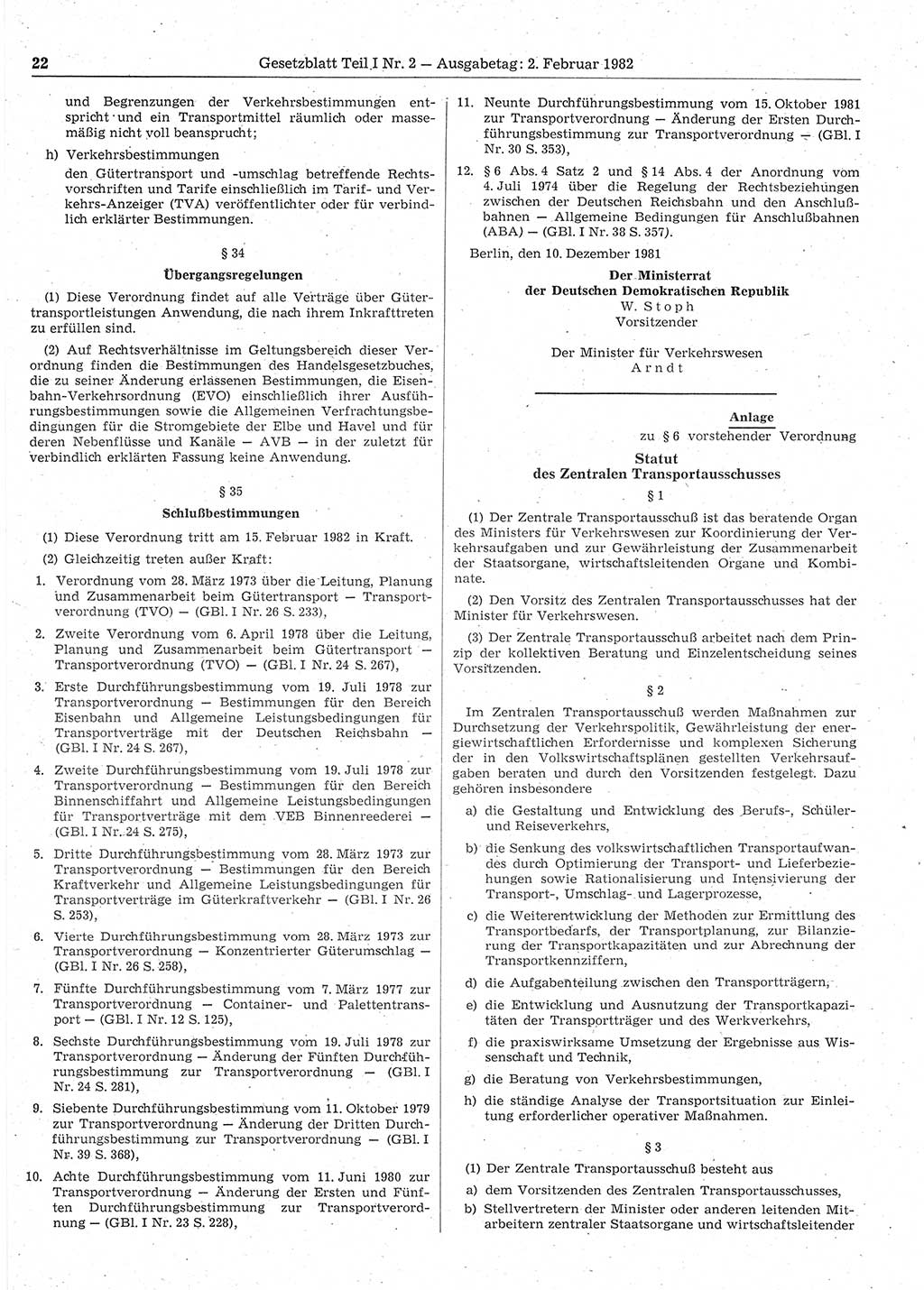 Gesetzblatt (GBl.) der Deutschen Demokratischen Republik (DDR) Teil Ⅰ 1982, Seite 22 (GBl. DDR Ⅰ 1982, S. 22)