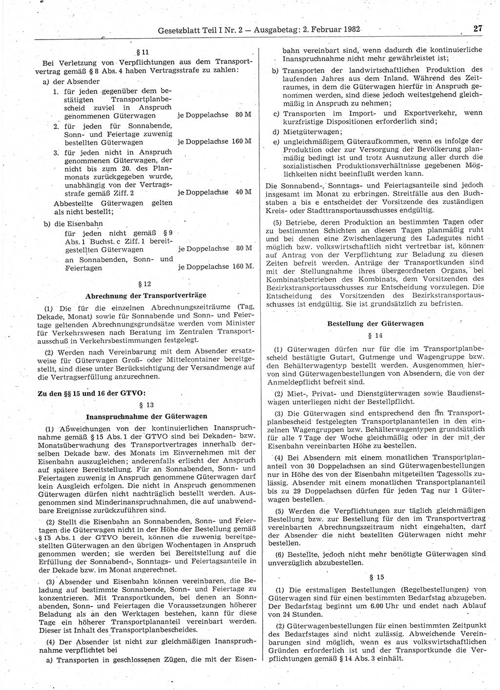 Gesetzblatt (GBl.) der Deutschen Demokratischen Republik (DDR) Teil Ⅰ 1982, Seite 27 (GBl. DDR Ⅰ 1982, S. 27)