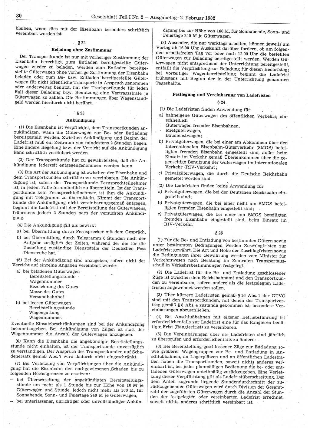 Gesetzblatt (GBl.) der Deutschen Demokratischen Republik (DDR) Teil Ⅰ 1982, Seite 30 (GBl. DDR Ⅰ 1982, S. 30)