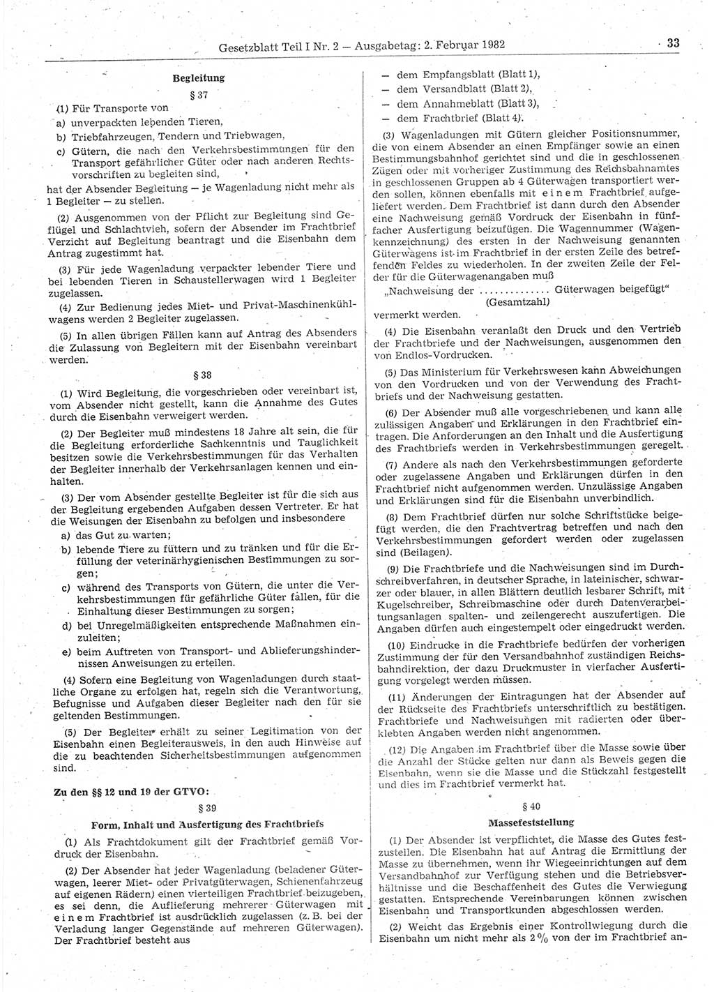 Gesetzblatt (GBl.) der Deutschen Demokratischen Republik (DDR) Teil Ⅰ 1982, Seite 33 (GBl. DDR Ⅰ 1982, S. 33)