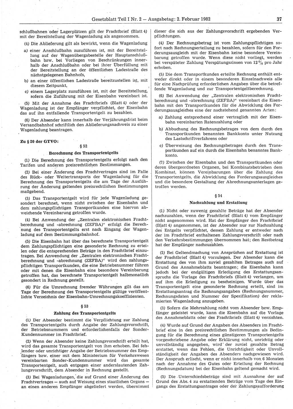 Gesetzblatt (GBl.) der Deutschen Demokratischen Republik (DDR) Teil Ⅰ 1982, Seite 37 (GBl. DDR Ⅰ 1982, S. 37)