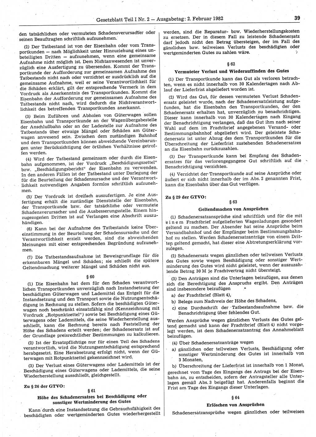 Gesetzblatt (GBl.) der Deutschen Demokratischen Republik (DDR) Teil Ⅰ 1982, Seite 39 (GBl. DDR Ⅰ 1982, S. 39)