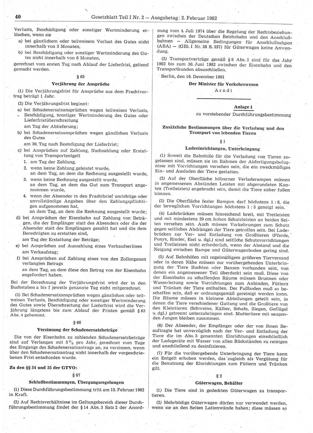 Gesetzblatt (GBl.) der Deutschen Demokratischen Republik (DDR) Teil Ⅰ 1982, Seite 40 (GBl. DDR Ⅰ 1982, S. 40)