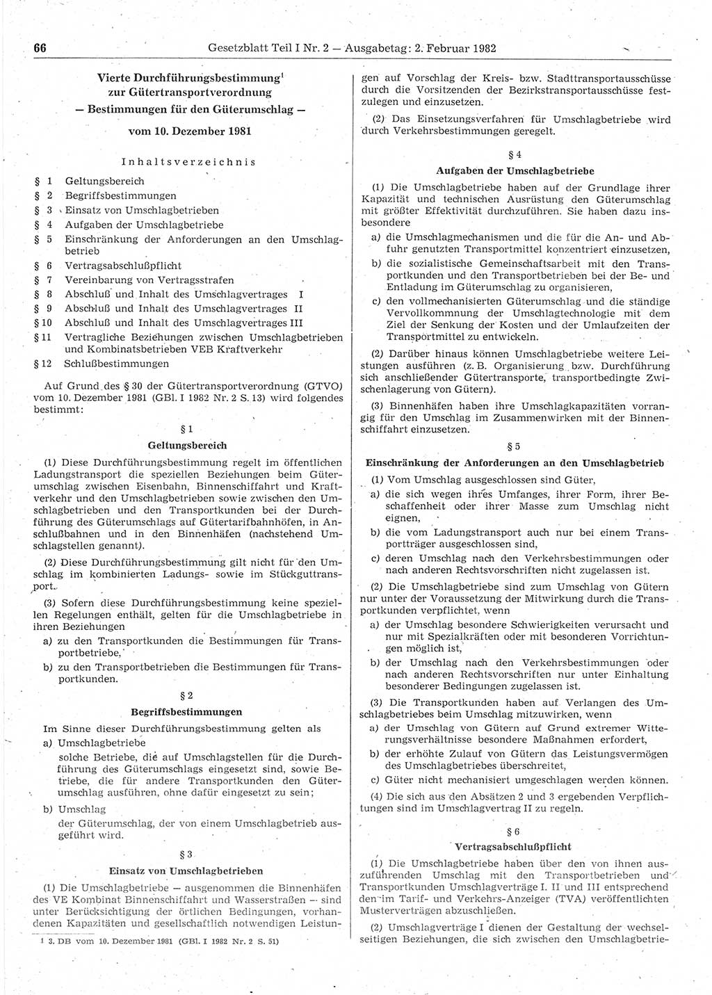 Gesetzblatt (GBl.) der Deutschen Demokratischen Republik (DDR) Teil Ⅰ 1982, Seite 66 (GBl. DDR Ⅰ 1982, S. 66)