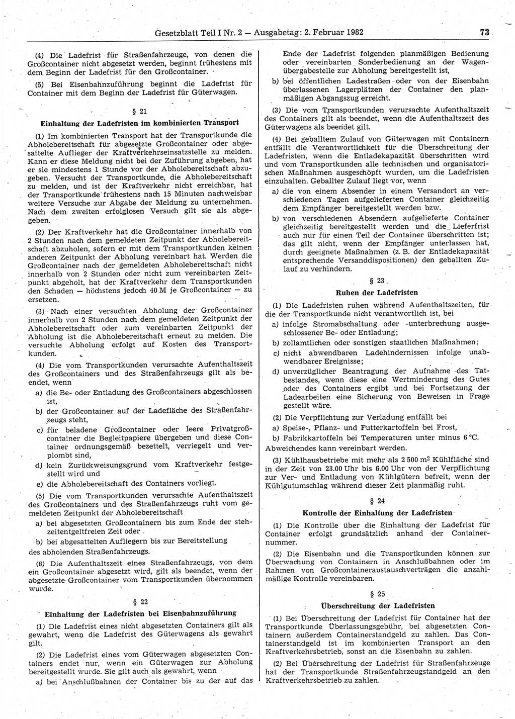 Gesetzblatt (GBl.) der Deutschen Demokratischen Republik (DDR) Teil Ⅰ 1982, Seite 73 (GBl. DDR Ⅰ 1982, S. 73)