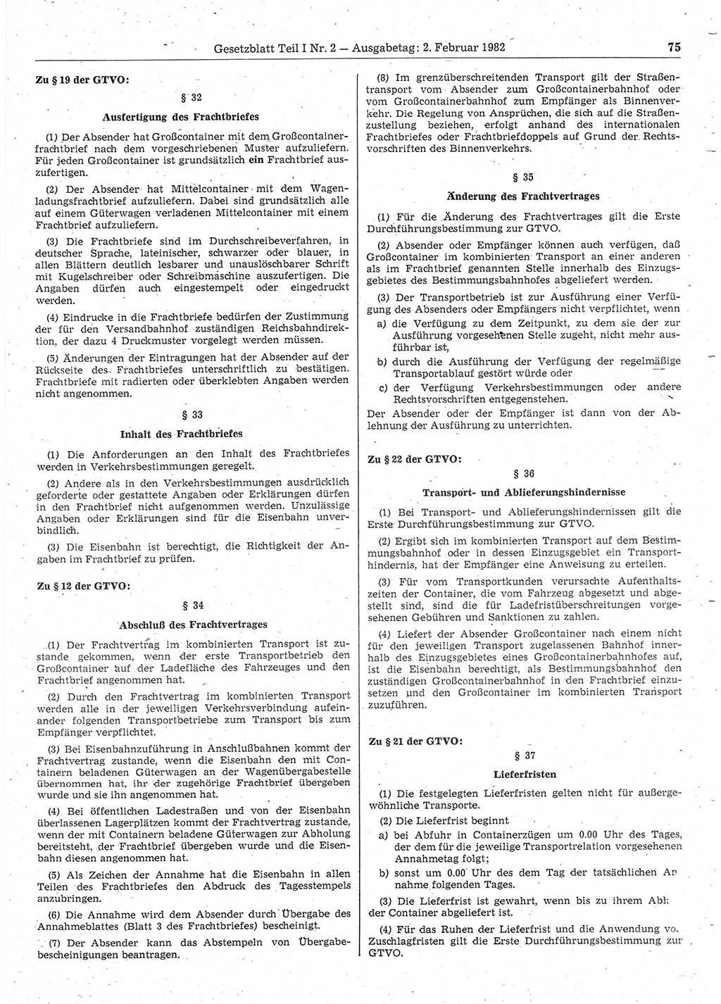 Gesetzblatt (GBl.) der Deutschen Demokratischen Republik (DDR) Teil Ⅰ 1982, Seite 75 (GBl. DDR Ⅰ 1982, S. 75)