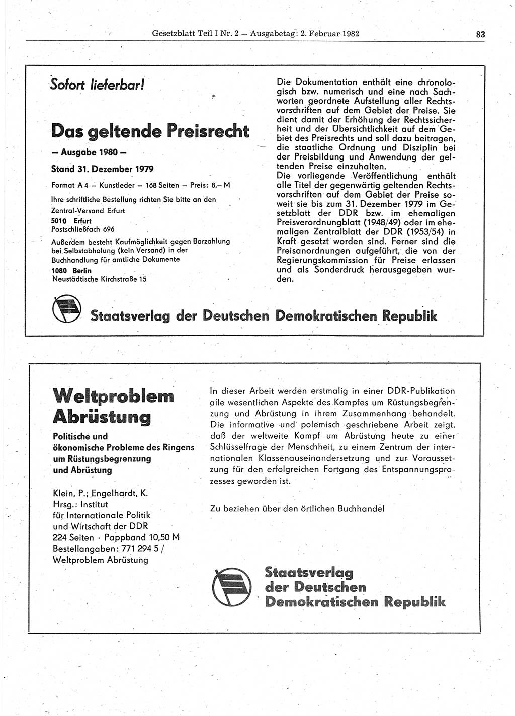 Gesetzblatt (GBl.) der Deutschen Demokratischen Republik (DDR) Teil Ⅰ 1982, Seite 83 (GBl. DDR Ⅰ 1982, S. 83)