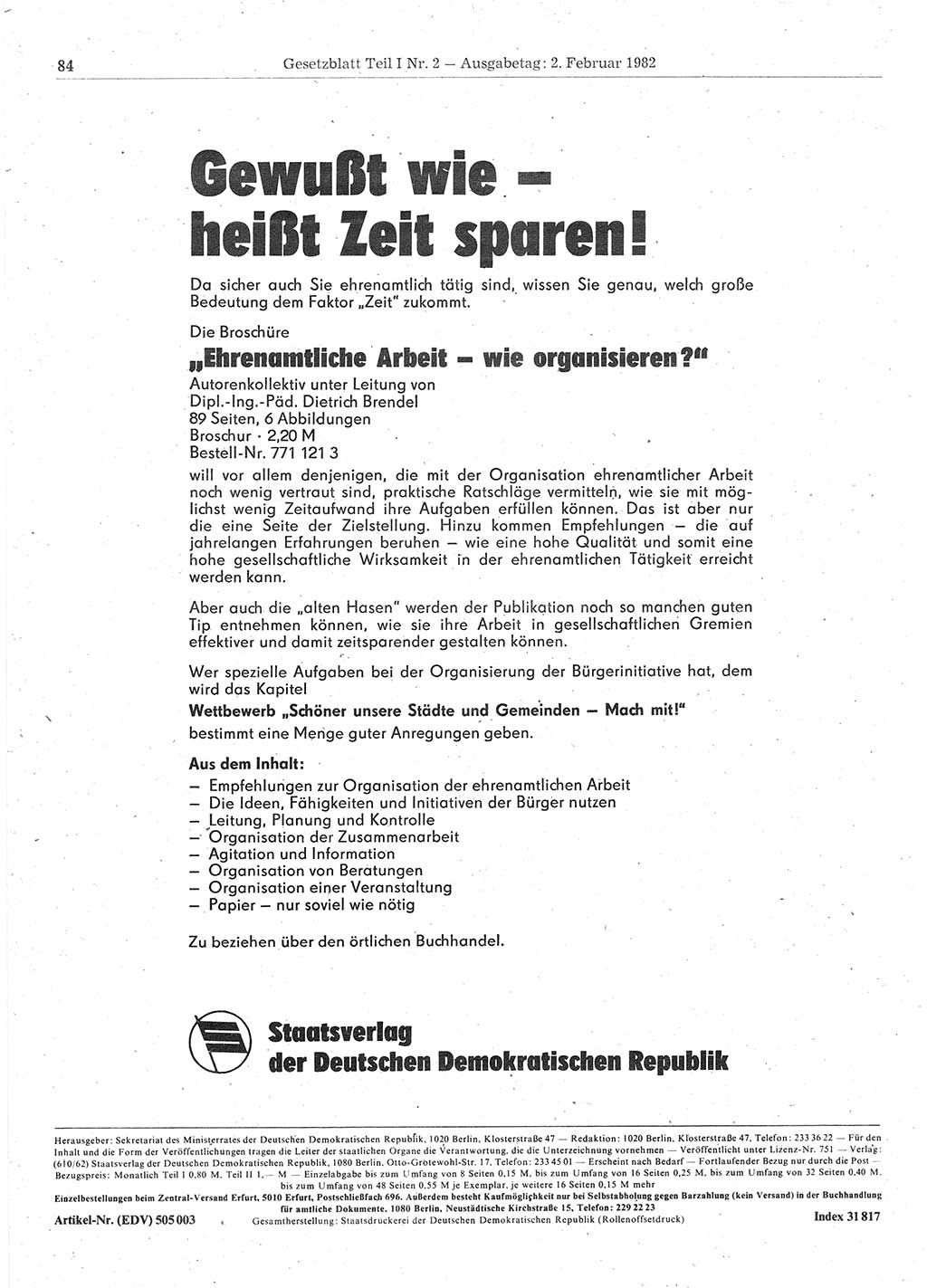 Gesetzblatt (GBl.) der Deutschen Demokratischen Republik (DDR) Teil Ⅰ 1982, Seite 84 (GBl. DDR Ⅰ 1982, S. 84)