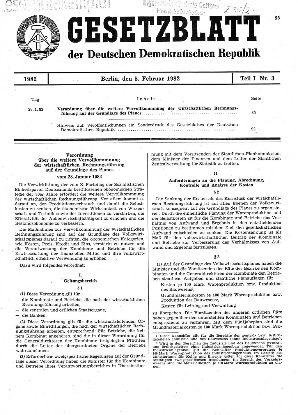 Gesetzblatt (GBl.) der Deutschen Demokratischen Republik (DDR) Teil Ⅰ 1982, Seite 85 (GBl. DDR Ⅰ 1982, S. 85)