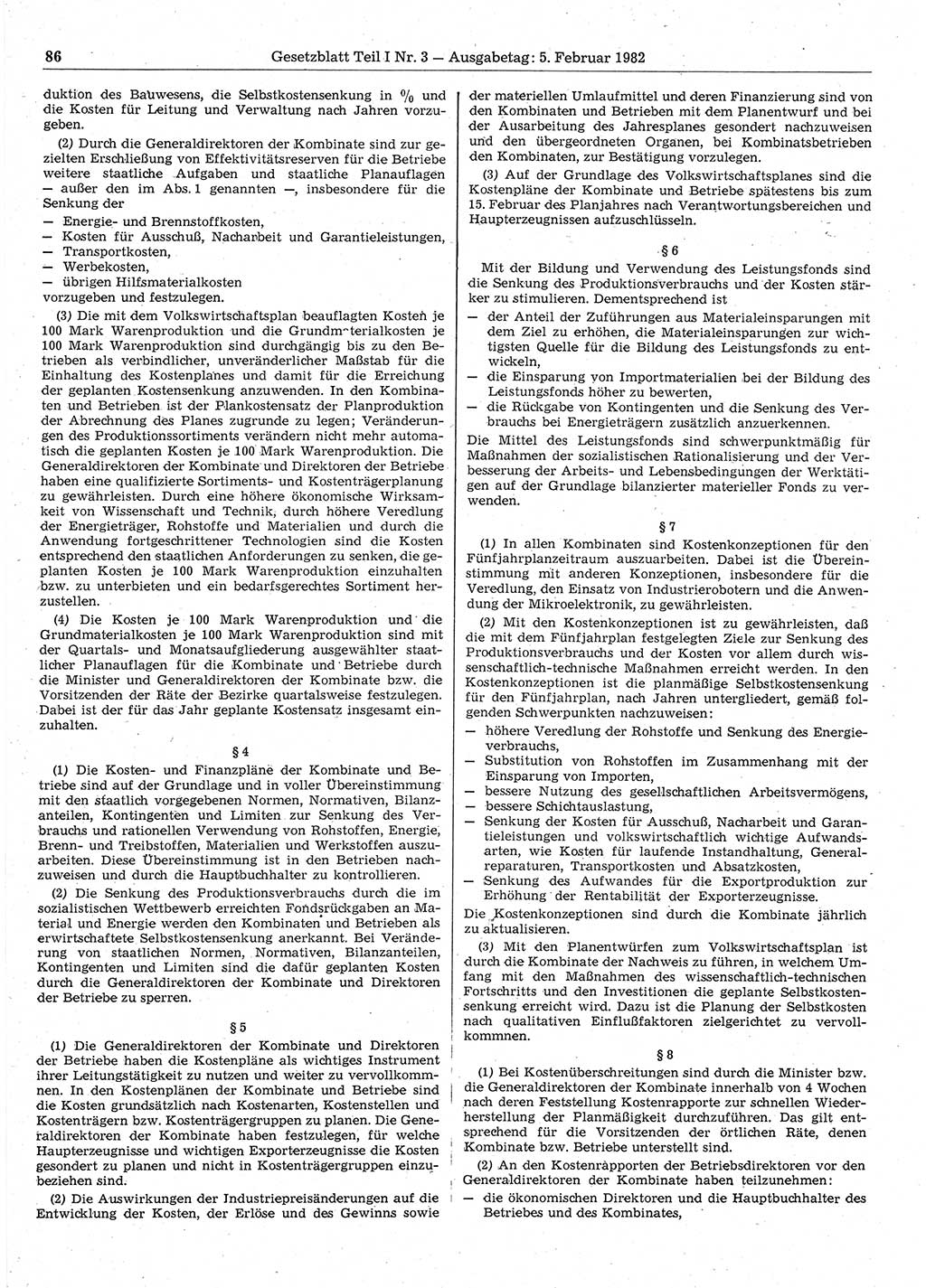 Gesetzblatt (GBl.) der Deutschen Demokratischen Republik (DDR) Teil Ⅰ 1982, Seite 86 (GBl. DDR Ⅰ 1982, S. 86)
