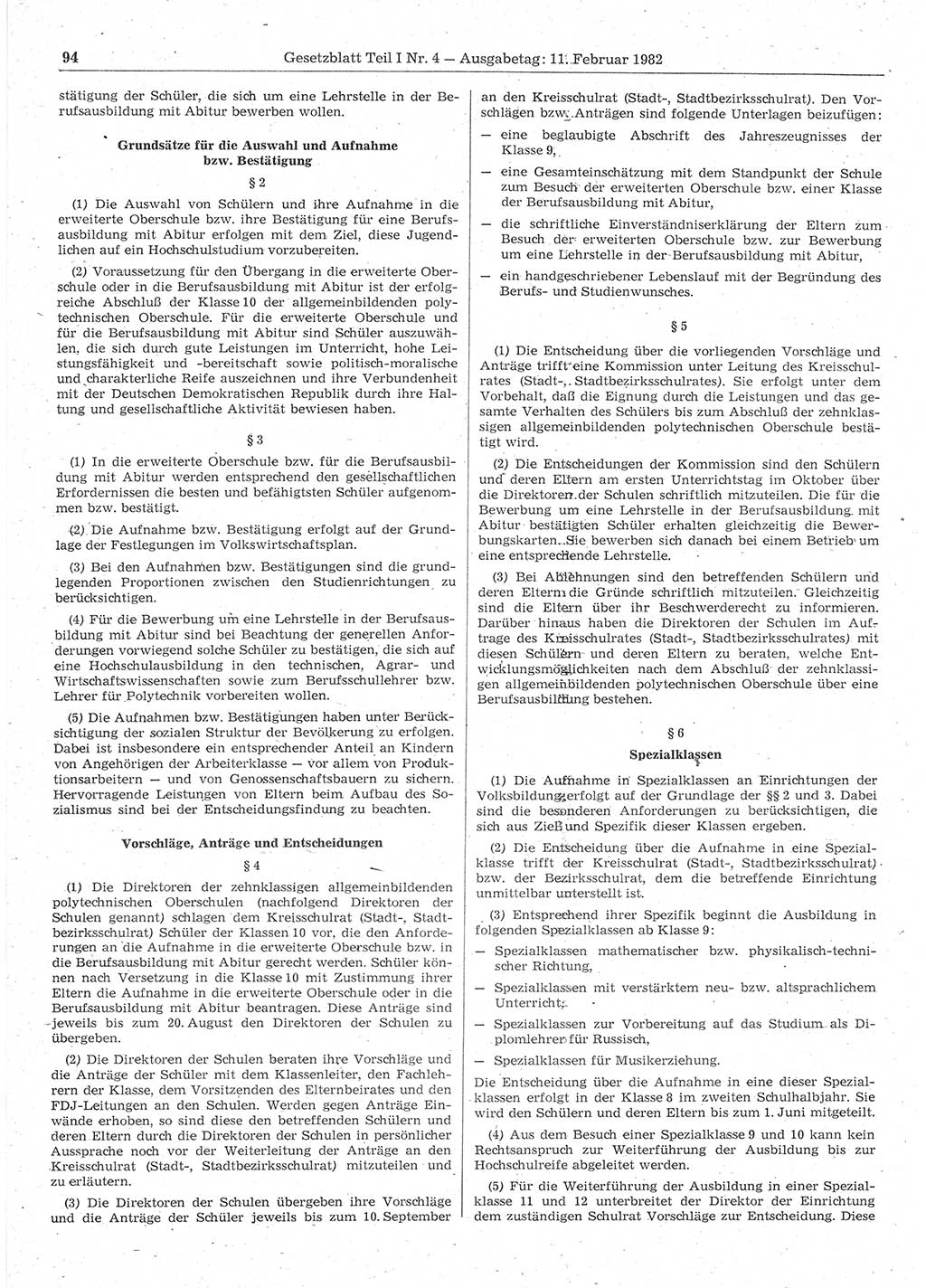 Gesetzblatt (GBl.) der Deutschen Demokratischen Republik (DDR) Teil Ⅰ 1982, Seite 94 (GBl. DDR Ⅰ 1982, S. 94)