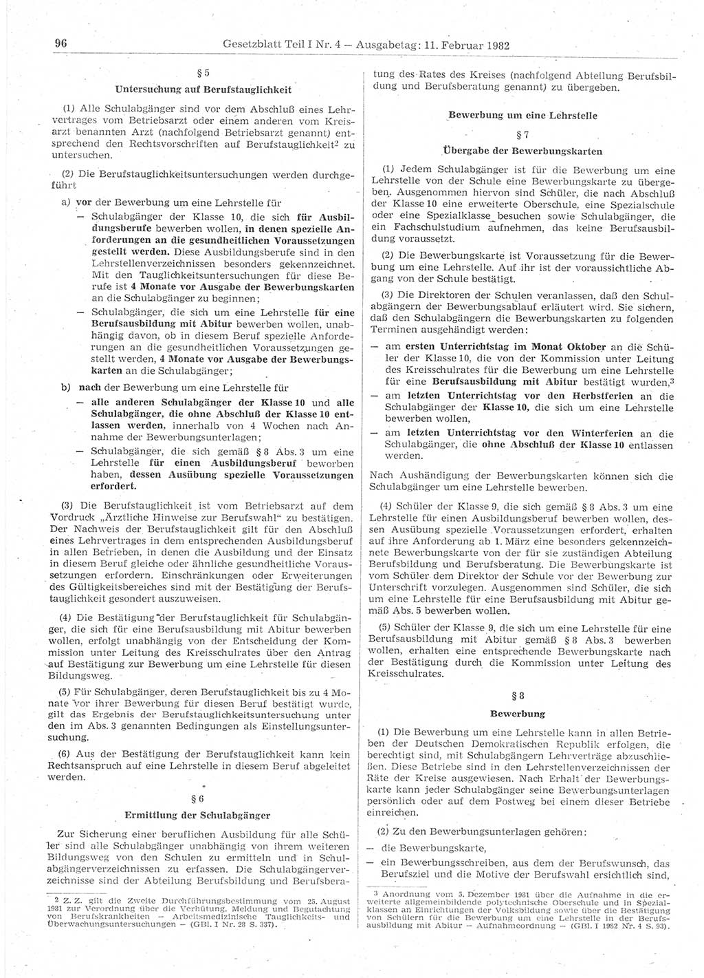 Gesetzblatt (GBl.) der Deutschen Demokratischen Republik (DDR) Teil Ⅰ 1982, Seite 96 (GBl. DDR Ⅰ 1982, S. 96)