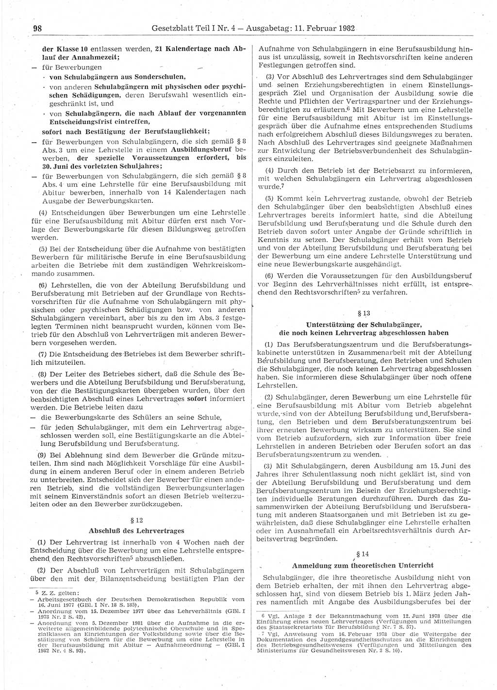 Gesetzblatt (GBl.) der Deutschen Demokratischen Republik (DDR) Teil Ⅰ 1982, Seite 98 (GBl. DDR Ⅰ 1982, S. 98)
