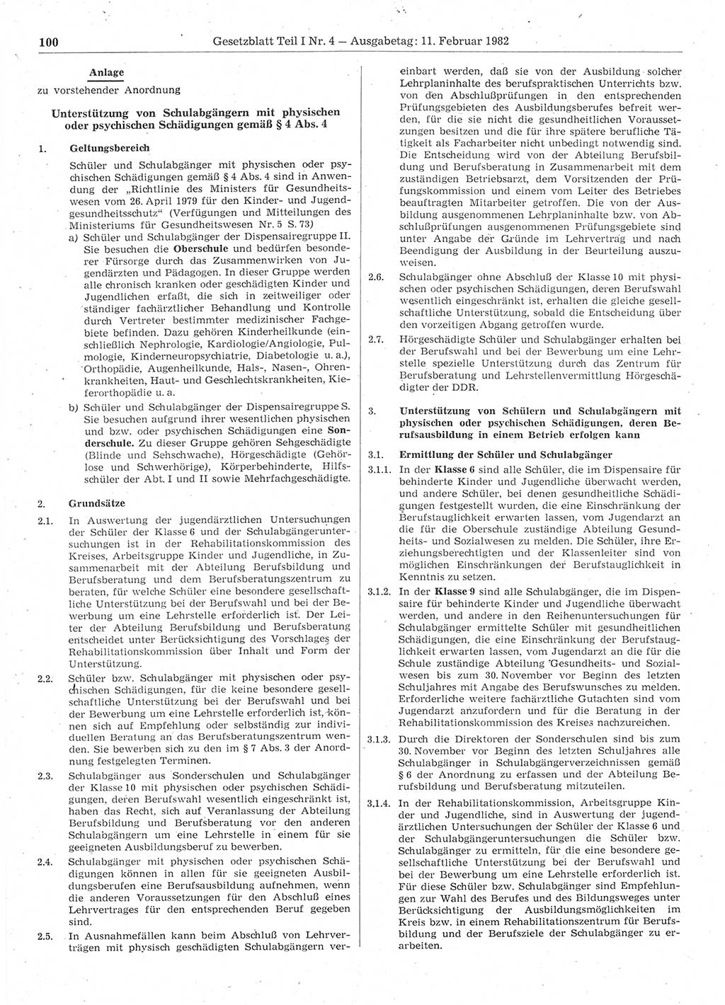 Gesetzblatt (GBl.) der Deutschen Demokratischen Republik (DDR) Teil Ⅰ 1982, Seite 100 (GBl. DDR Ⅰ 1982, S. 100)