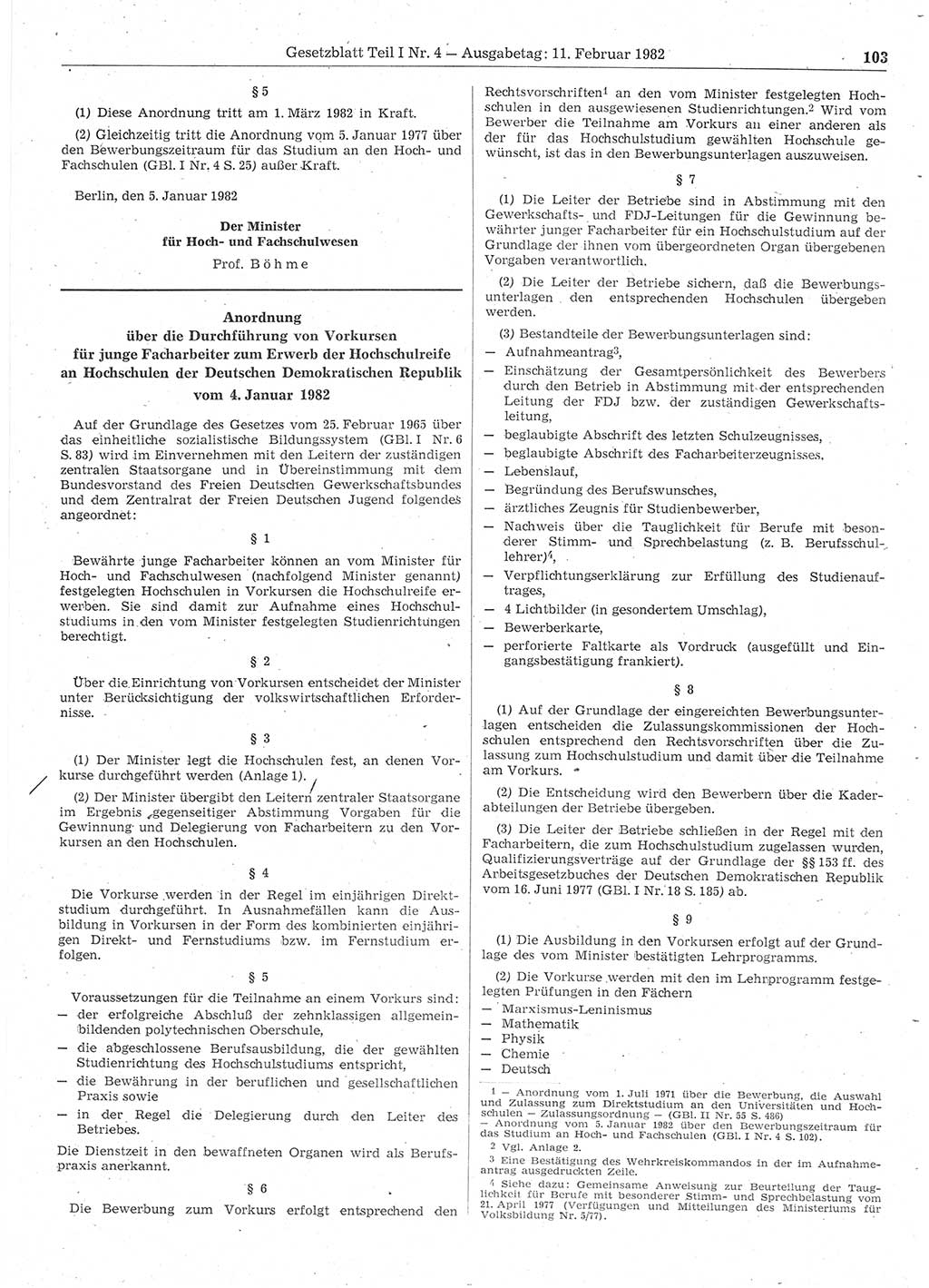 Gesetzblatt (GBl.) der Deutschen Demokratischen Republik (DDR) Teil Ⅰ 1982, Seite 103 (GBl. DDR Ⅰ 1982, S. 103)