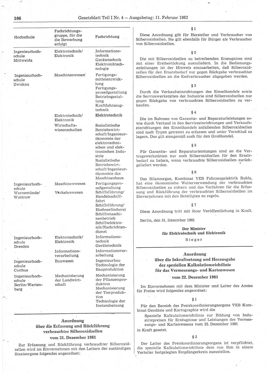 Gesetzblatt (GBl.) der Deutschen Demokratischen Republik (DDR) Teil Ⅰ 1982, Seite 106 (GBl. DDR Ⅰ 1982, S. 106)