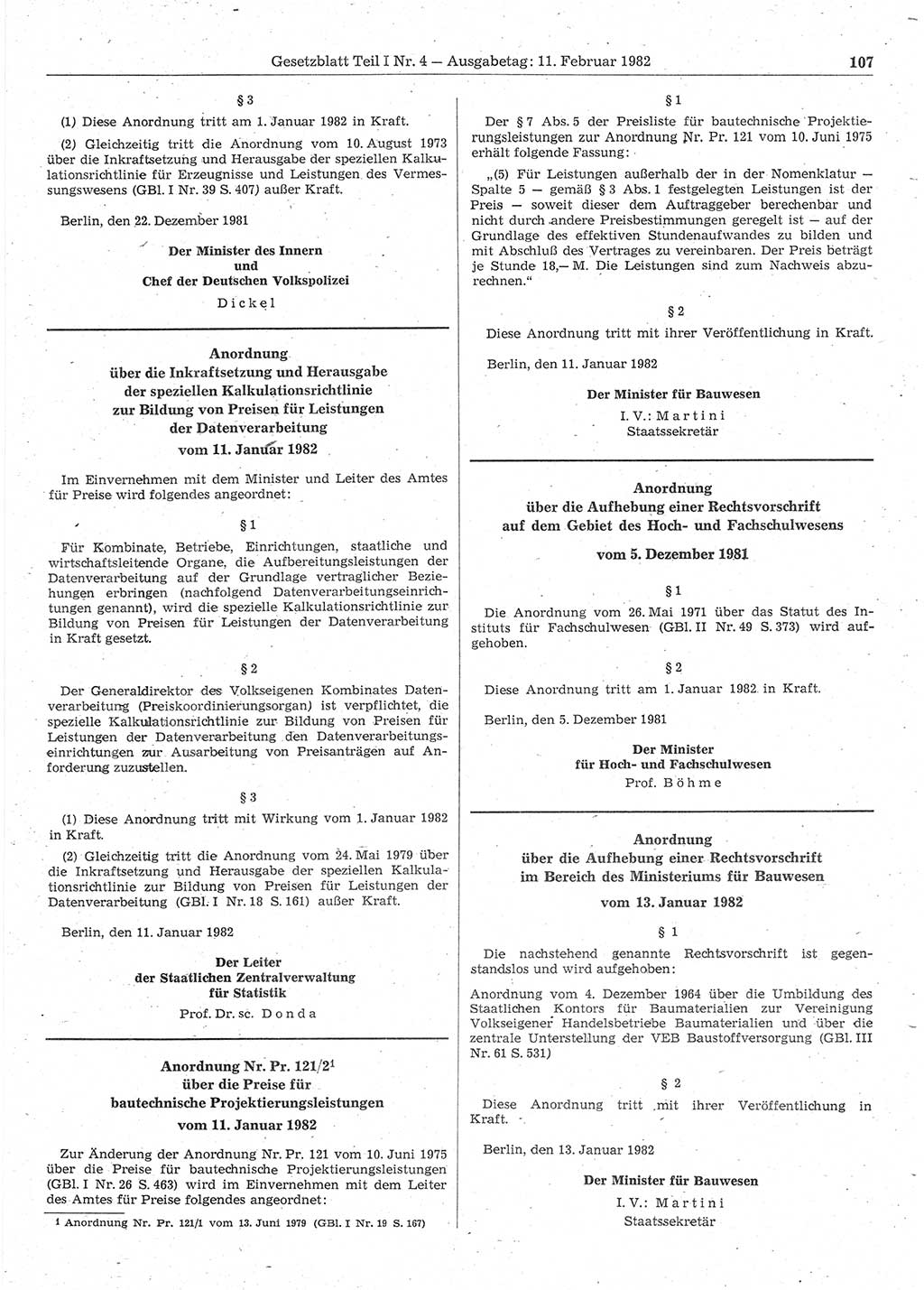 Gesetzblatt (GBl.) der Deutschen Demokratischen Republik (DDR) Teil Ⅰ 1982, Seite 107 (GBl. DDR Ⅰ 1982, S. 107)