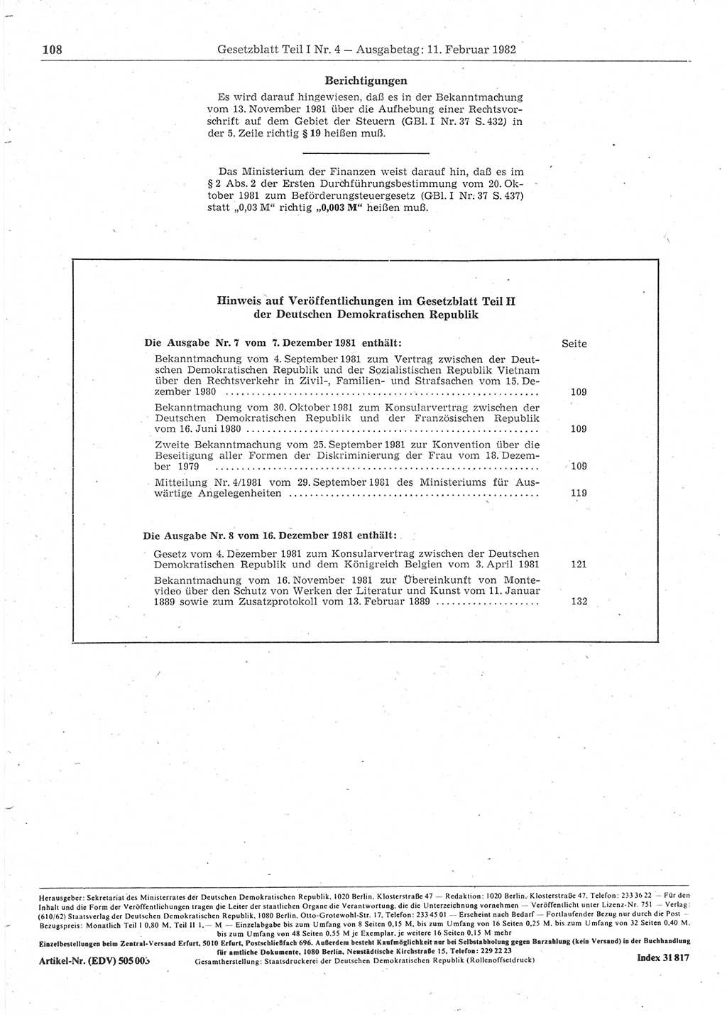 Gesetzblatt (GBl.) der Deutschen Demokratischen Republik (DDR) Teil Ⅰ 1982, Seite 108 (GBl. DDR Ⅰ 1982, S. 108)