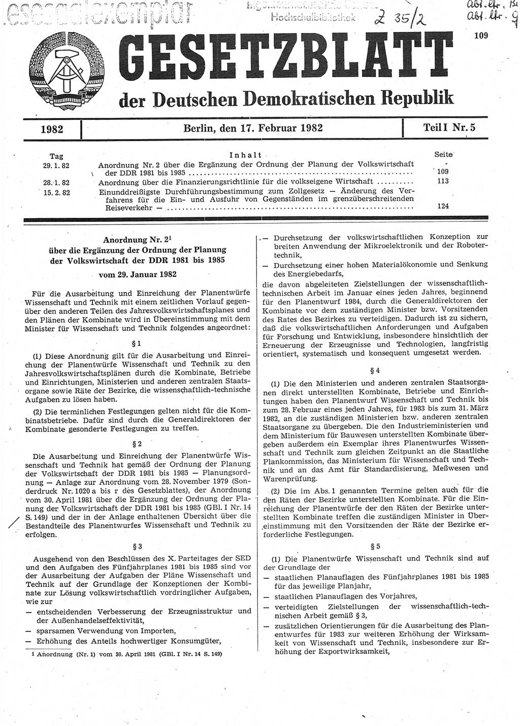 Gesetzblatt (GBl.) der Deutschen Demokratischen Republik (DDR) Teil Ⅰ 1982, Seite 109 (GBl. DDR Ⅰ 1982, S. 109)