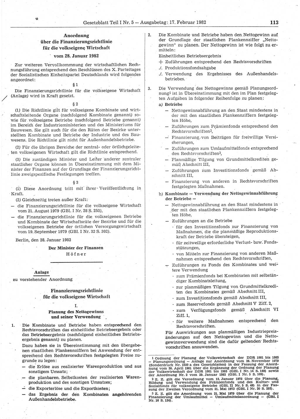 Gesetzblatt (GBl.) der Deutschen Demokratischen Republik (DDR) Teil Ⅰ 1982, Seite 113 (GBl. DDR Ⅰ 1982, S. 113)