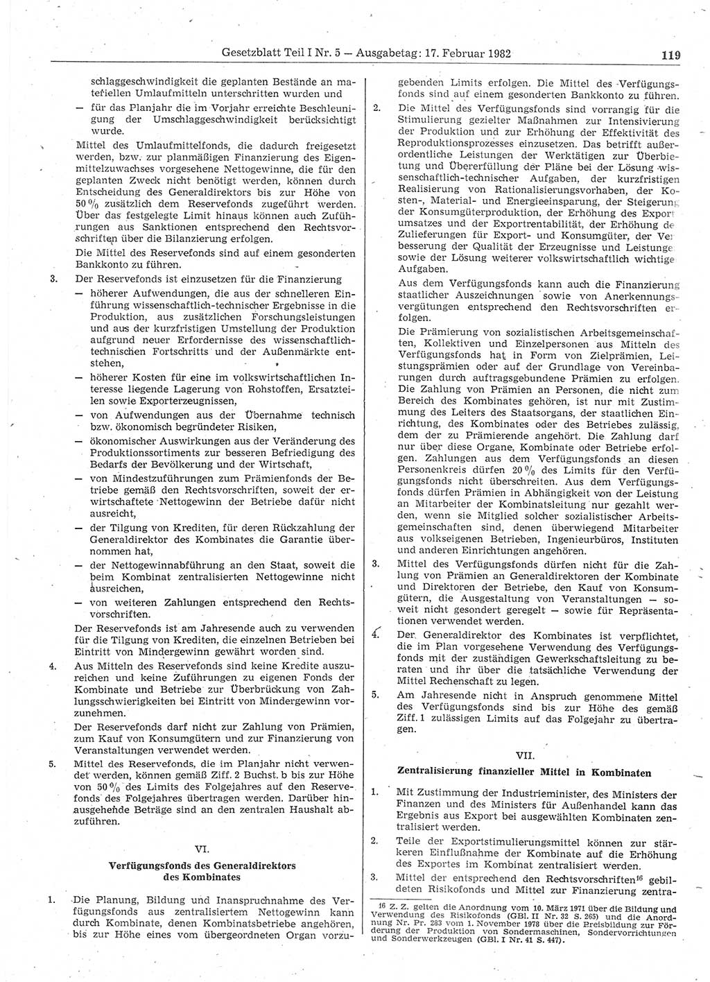 Gesetzblatt (GBl.) der Deutschen Demokratischen Republik (DDR) Teil Ⅰ 1982, Seite 119 (GBl. DDR Ⅰ 1982, S. 119)